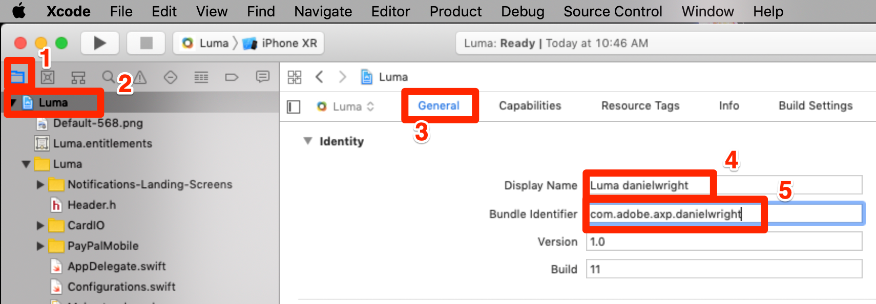 Update the General settings in XCode