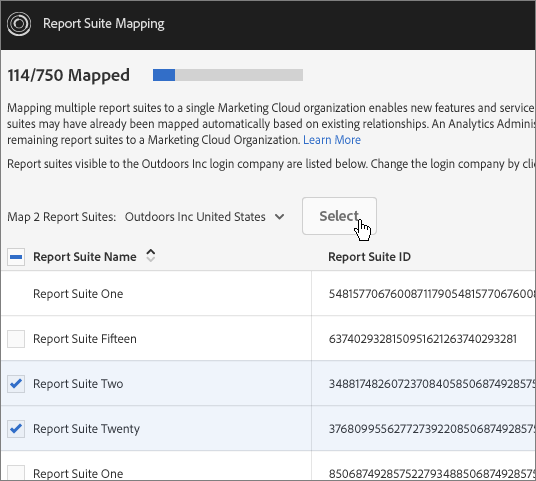 Figure 44: Map Report Suite to an Organization